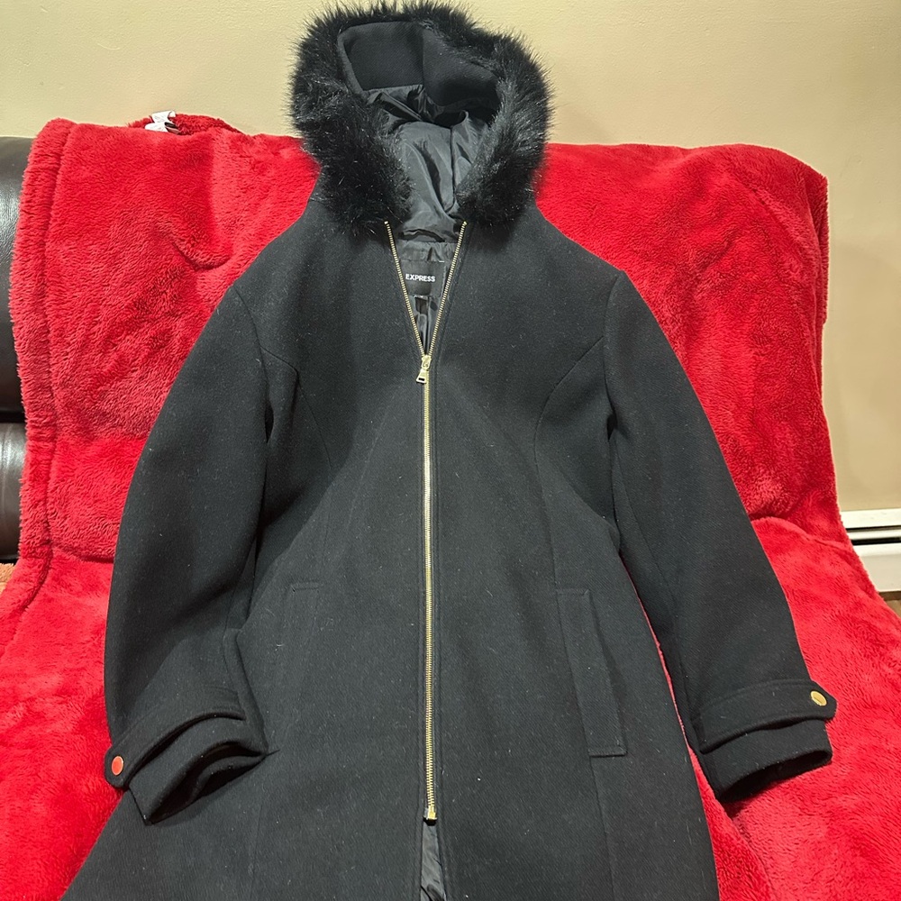 Black express womens pea coat with removable fur hood